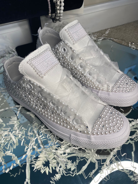 Bedazzled white wedding converse on sale